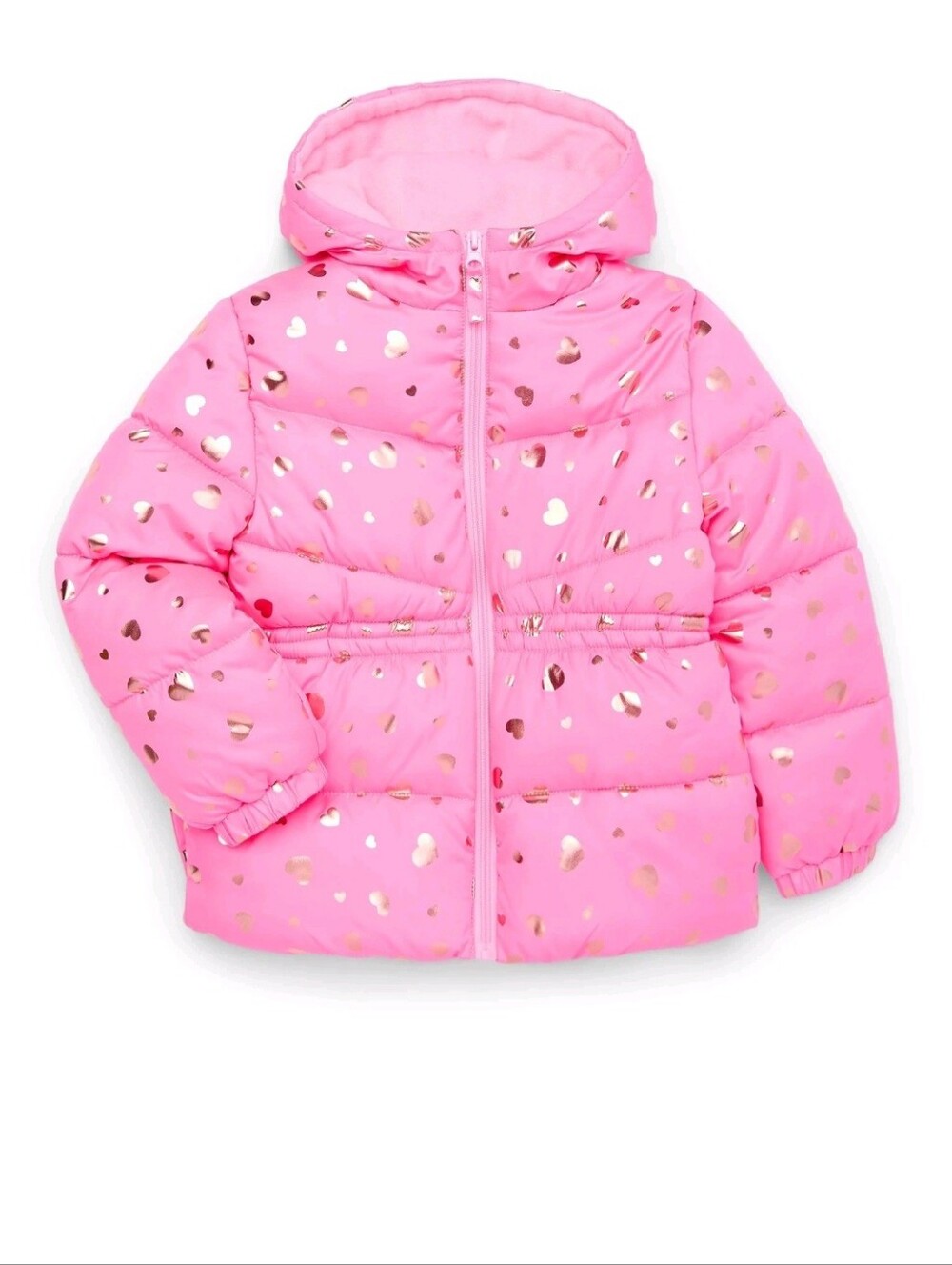 Pink Puffer Jacket with Metallic Heart Print